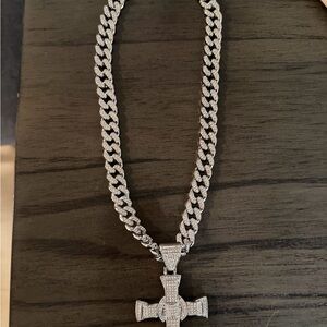 Sold - Iced Cuban Link Chain Necklace with Rhinestone Cross Pendant